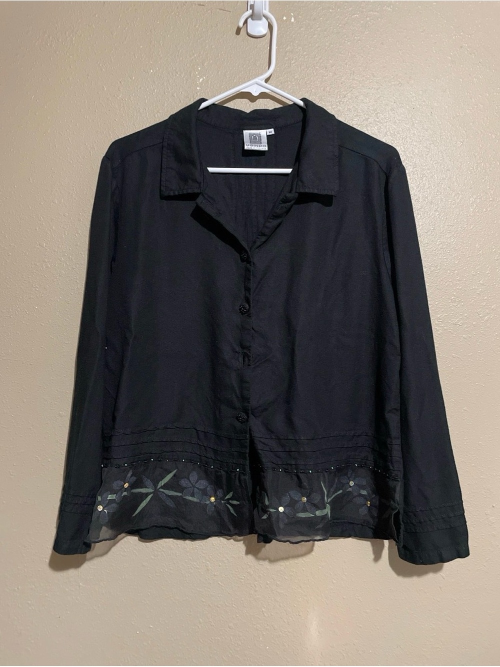 Black Button Down Long Sleeve Blouse with Floral Sheer Hem Women’s M